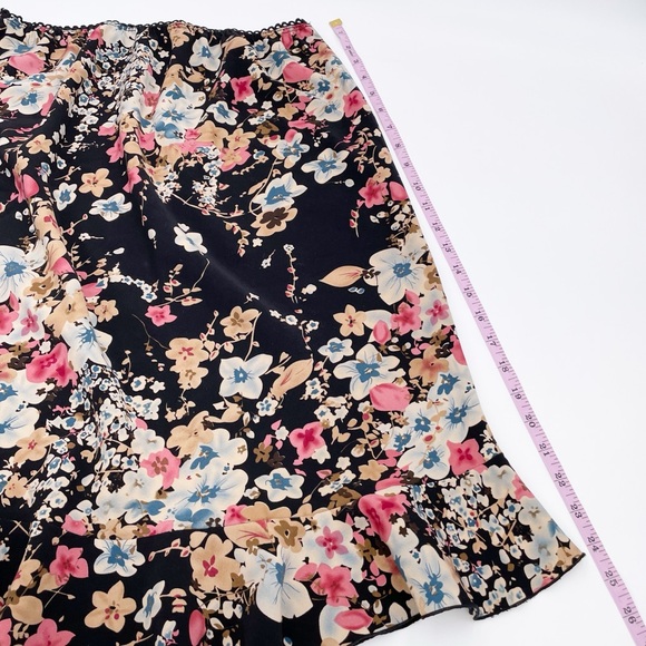 Vintage 90s Y2K Pantology Black Floral A-line Ruffle Hem Stretch Slip Skirt - Picture 7 of 7